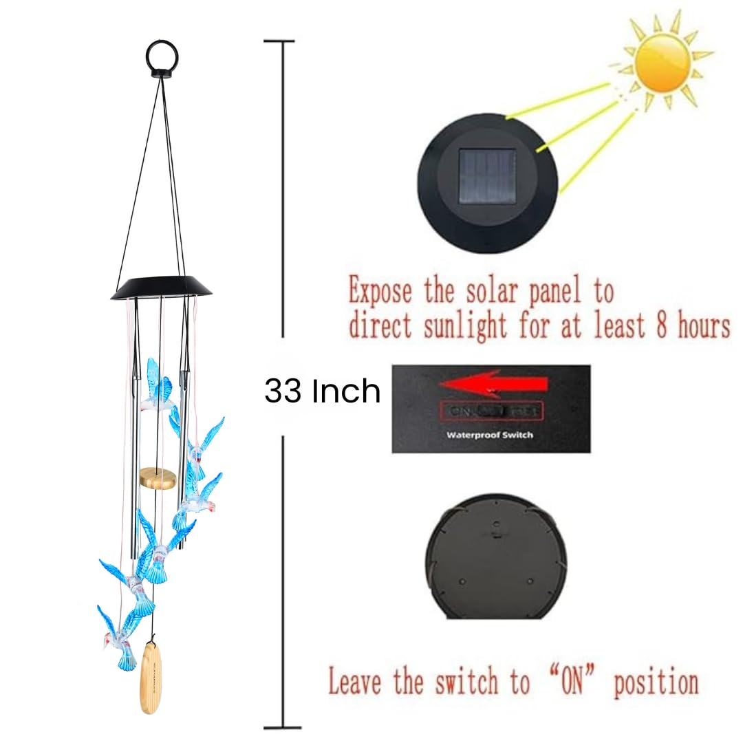 Premium Solar Hummingbird Wind Chime | 7 Color Changing LED Lights | Melodious Tune | Aluminium Rods | Wooden Clapper| Outdoor Garden Decor | Home Decoration | Soothing Sound (Blue)