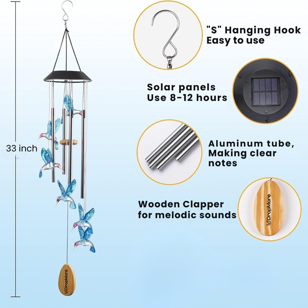 Premium Solar Hummingbird Wind Chime | 7 Color Changing LED Lights | Melodious Tune | Aluminium Rods | Wooden Clapper| Outdoor Garden Decor | Home Decoration | Soothing Sound (Blue)