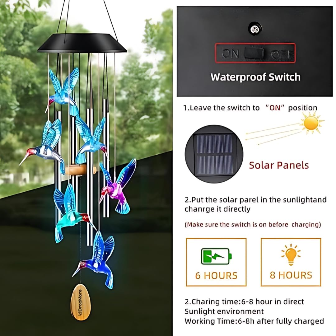 Premium Solar Hummingbird Wind Chime | 7 Color Changing LED Lights | Melodious Tune | Aluminium Rods | Wooden Clapper| Outdoor Garden Decor | Home Decoration | Soothing Sound (Blue)