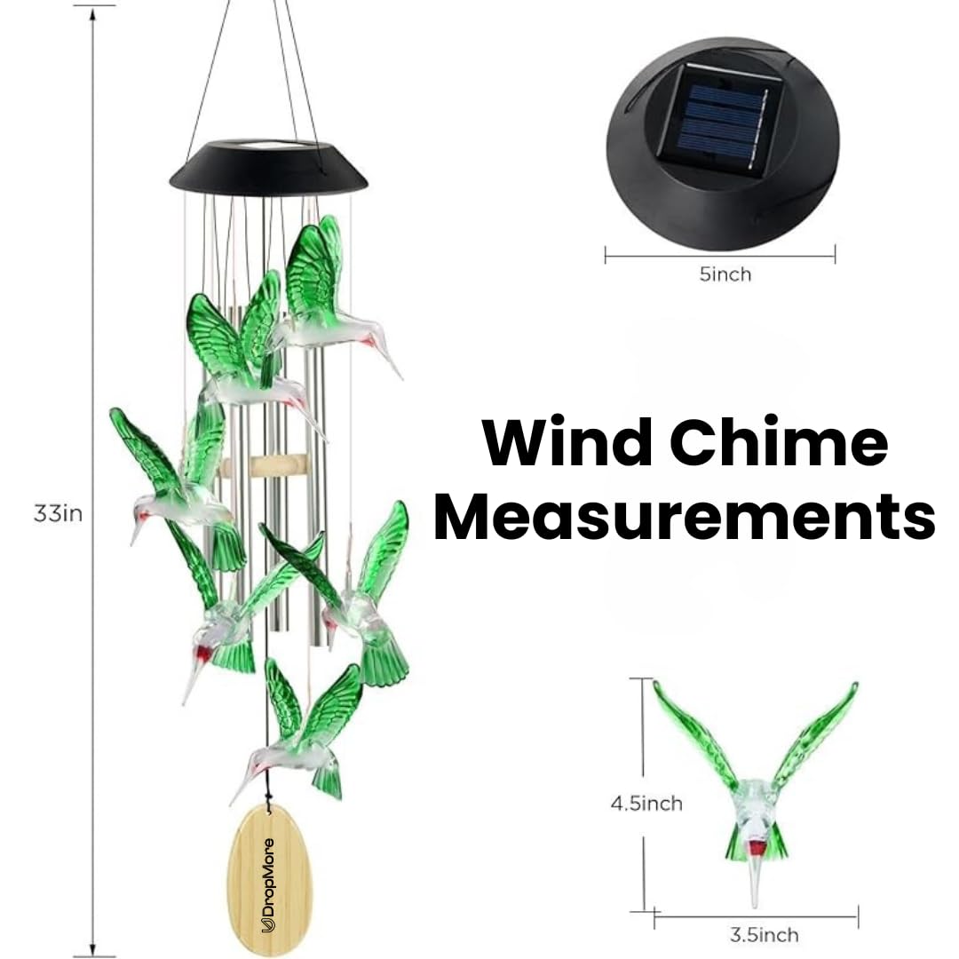 Premium Solar Hummingbird Wind Chime | 7 Color Changing LED Lights | Melodious Tune | Aluminium Rods | Wooden Clapper| Outdoor Garden Decor | Home Decoration | Soothing Sound (Green)