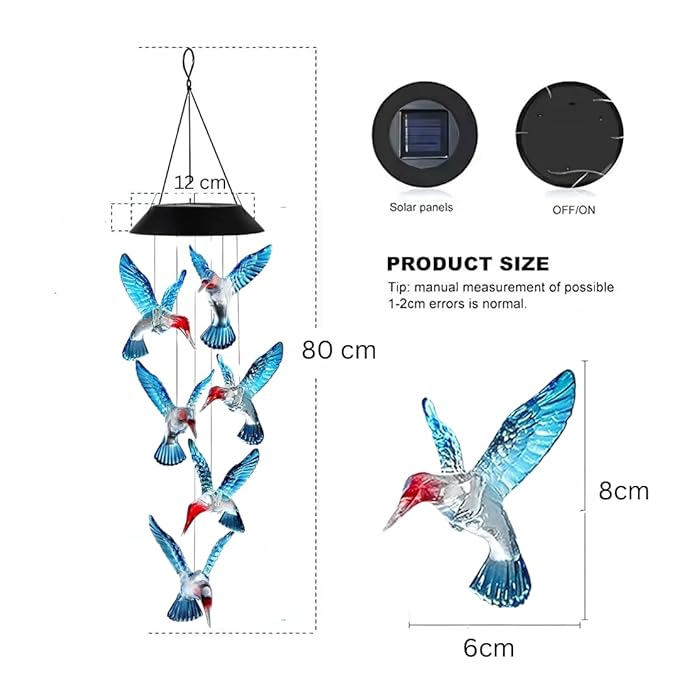 Premium Solar Hummingbird Wind Chime | 7 Color Changing LED Lights | Melodious Tune | Aluminium Rods | Wooden Clapper| Outdoor Garden Decor | Home Decoration | Soothing Sound (Blue)