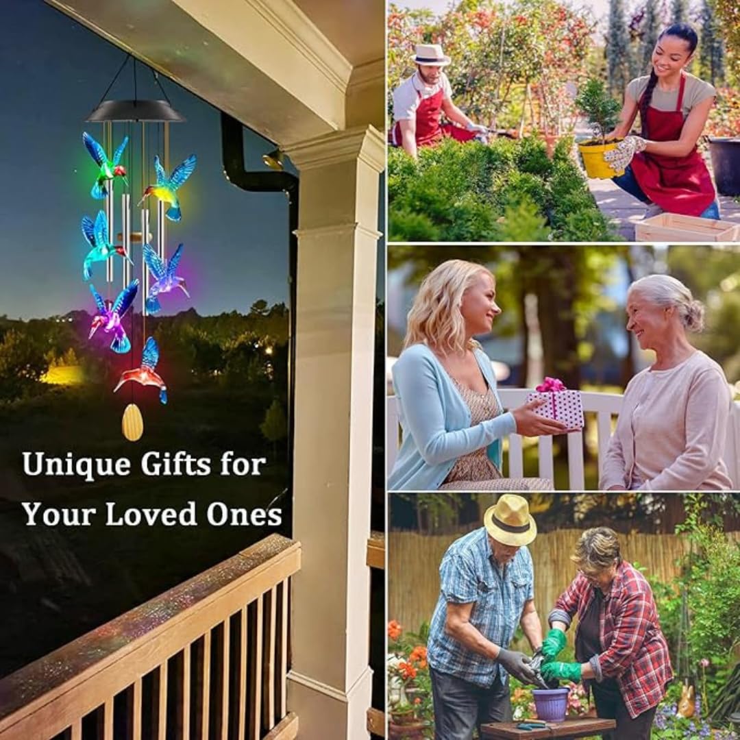 Premium Solar Hummingbird Wind Chime | 7 Color Changing LED Lights | Melodious Tune | Aluminium Rods | Wooden Clapper| Outdoor Garden Decor | Home Decoration | Soothing Sound (Blue)