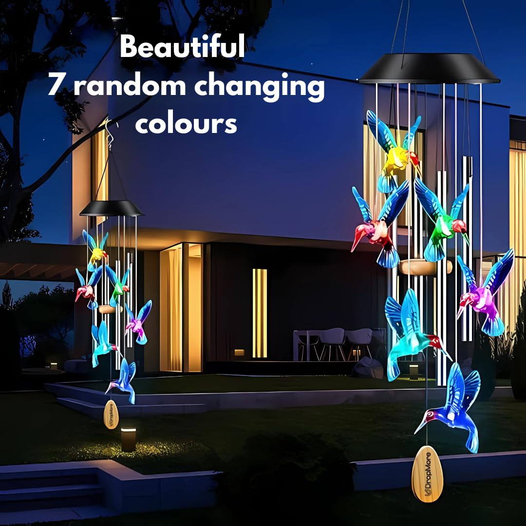 Premium Solar Hummingbird Wind Chime | 7 Color Changing LED Lights | Melodious Tune | Aluminium Rods | Wooden Clapper| Outdoor Garden Decor | Home Decoration | Soothing Sound (Blue)