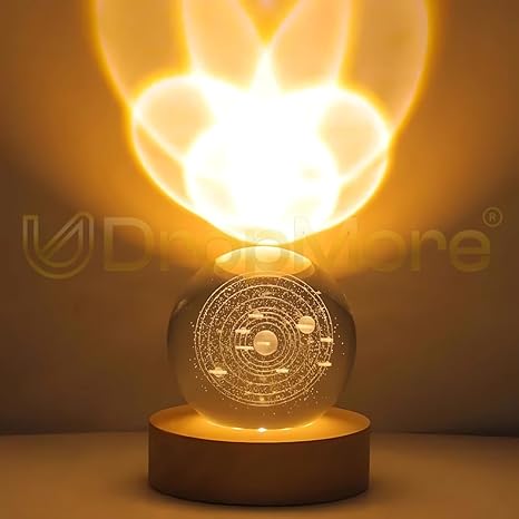 Crystal Ball 3D Solar System with Planets,Galaxy with Engraving in 6cm Diameter crystal & USB Powered Wooden Base, Suitable for Home Decoration,Table Lamp, Study & Office Table,Gift for All