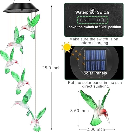 Hummingbird Solar Wind Chimes | Color Changing Solar|Waterproof | Blue & Green Color Available