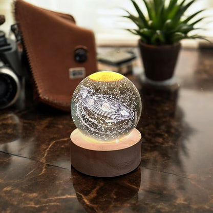 Crystal Ball 3D Solar System with Planets,Galaxy with Engraving in 6cm Diameter crystal & USB Powered Wooden Base, Suitable for Home Decoration,Table Lamp, Study & Office Table,Gift for All