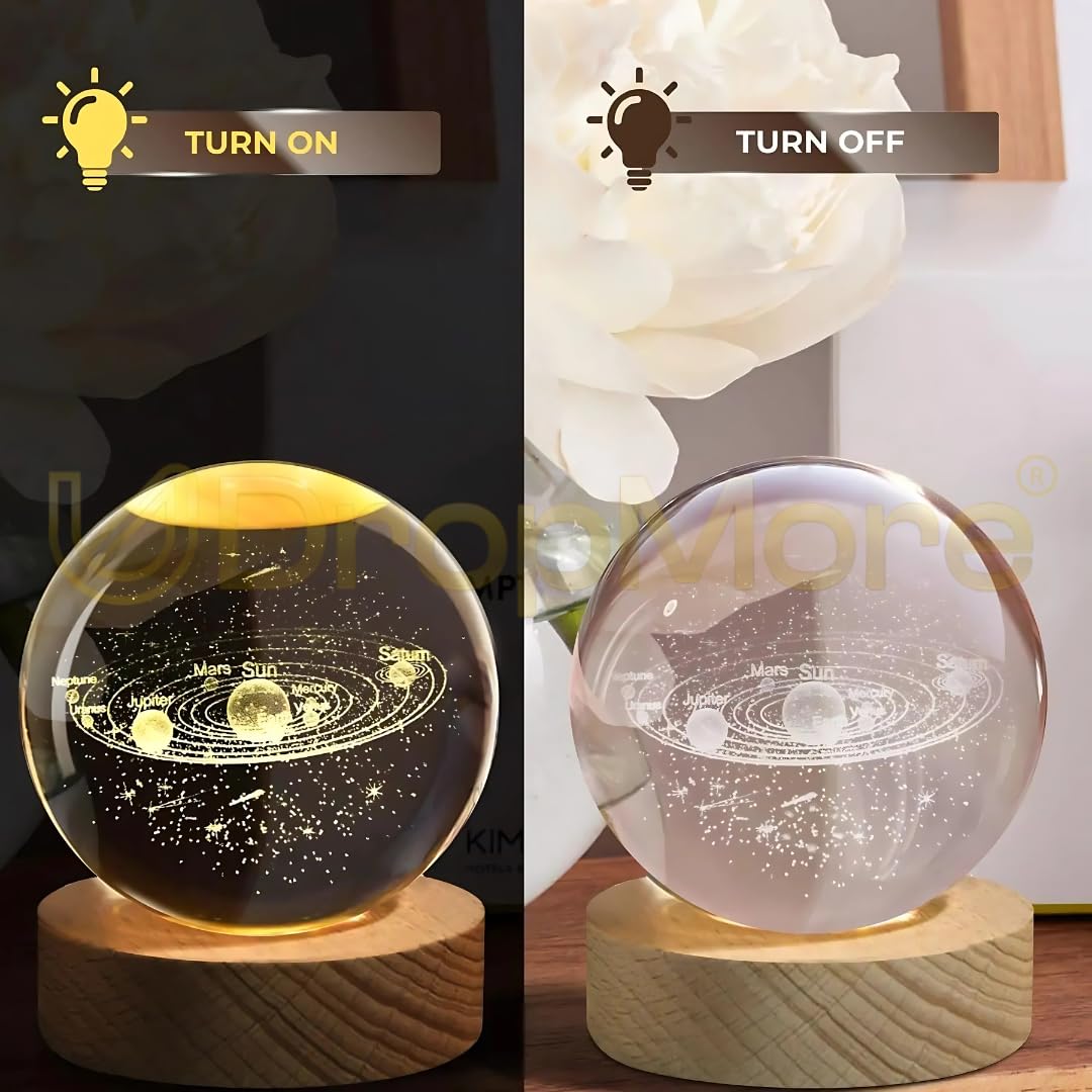 Crystal Ball 3D Solar System with Planets,Galaxy with Engraving in 6cm Diameter crystal & USB Powered Wooden Base, Suitable for Home Decoration,Table Lamp, Study & Office Table,Gift for All