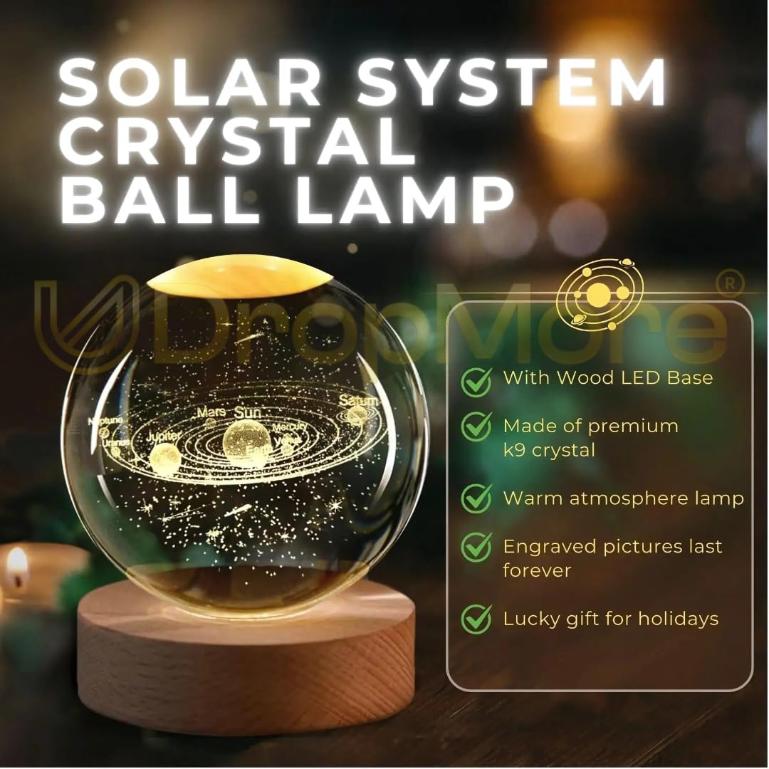 Crystal Ball 3D Solar System with Planets,Galaxy with Engraving in 6cm Diameter crystal & USB Powered Wooden Base, Suitable for Home Decoration,Table Lamp, Study & Office Table,Gift for All