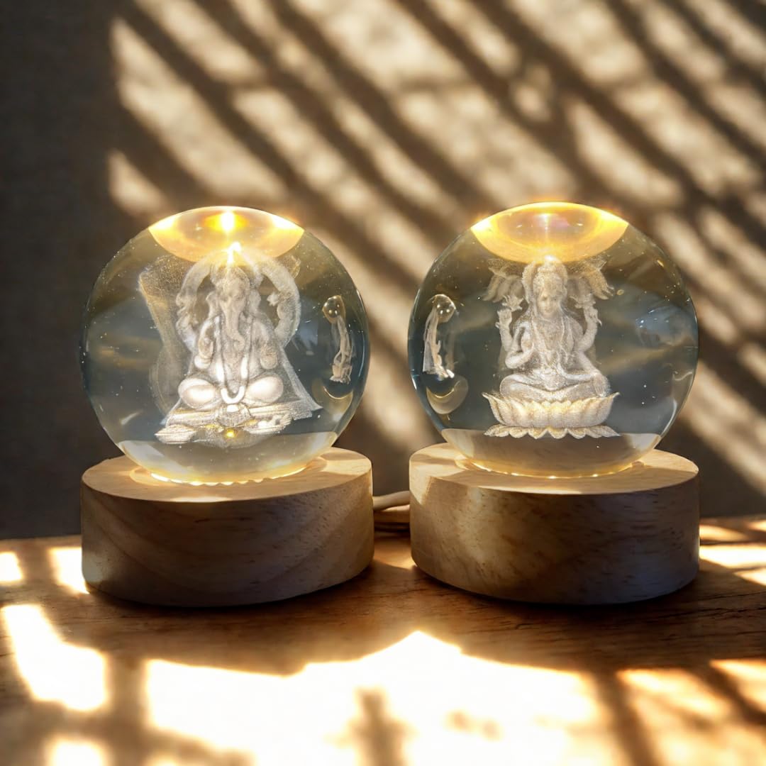 Crystal Ball Lamp (Laxmi Ganesh Set) 3D Laser Engraved LED lamp for Home Office Desk Puja Room Decoration | Worship Idol | Gifts for Festival | Birthday | New Year Gift | Study Table