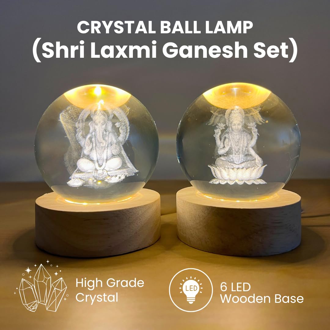 Crystal Ball Lamp (Laxmi Ganesh Set) 3D Laser Engraved LED lamp for Home Office Desk Puja Room Decoration | Worship Idol | Gifts for Festival | Birthday | New Year Gift | Study Table