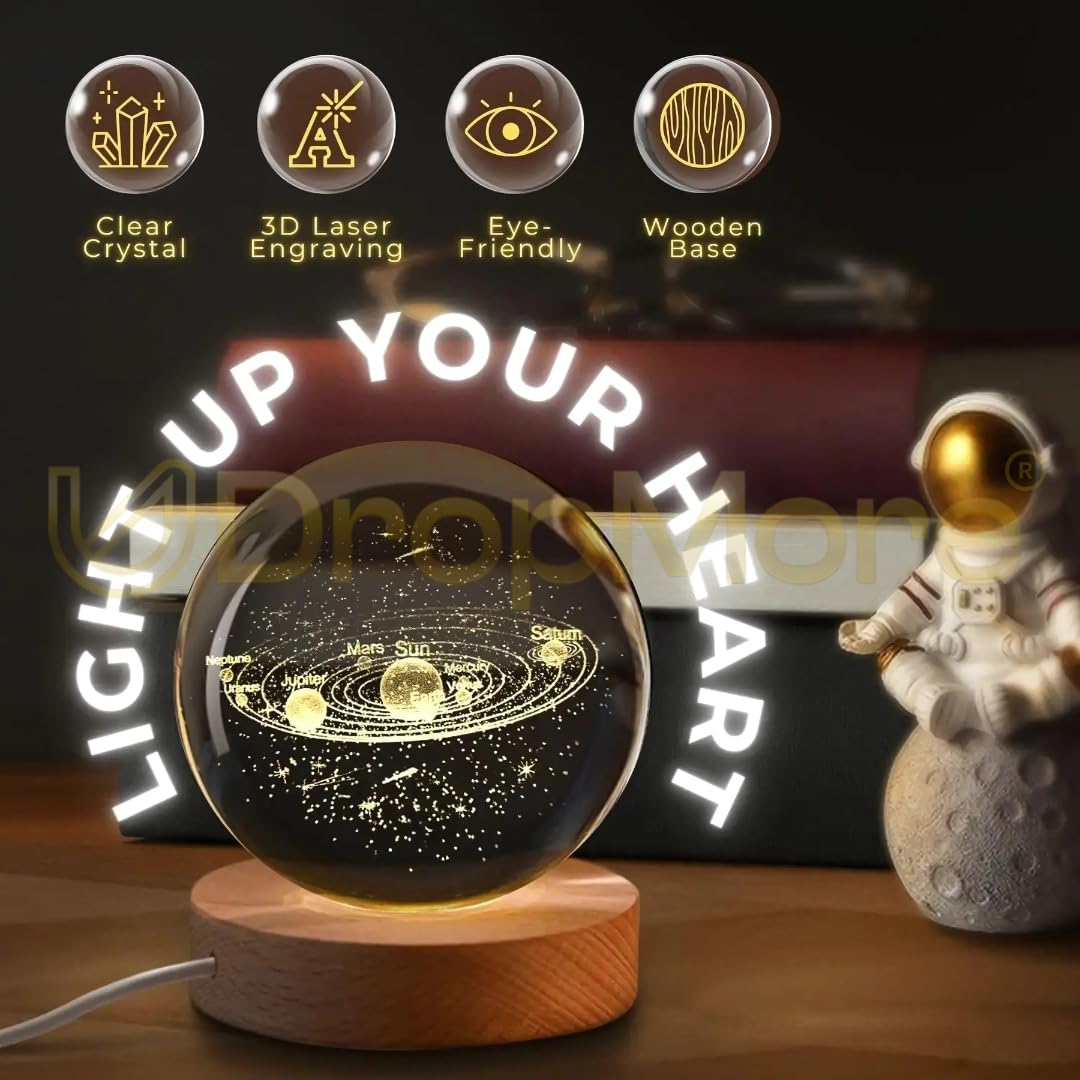 Crystal Ball 3D Solar System with Planets,Galaxy with Engraving in 6cm Diameter crystal & USB Powered Wooden Base, Suitable for Home Decoration,Table Lamp, Study & Office Table,Gift for All