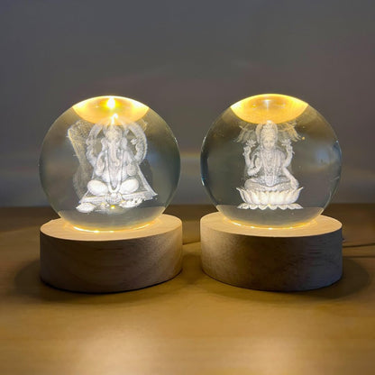 Crystal Ball Lamp (Laxmi Ganesh Set) 3D Laser Engraved LED lamp for Home Office Desk Puja Room Decoration | Worship Idol | Gifts for Festival | Birthday | New Year Gift | Study Table