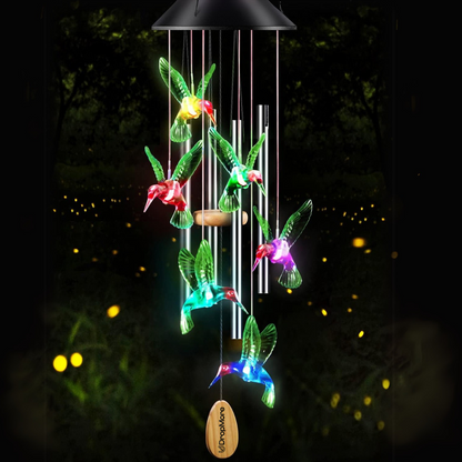 Premium Solar Hummingbird Wind Chime | 7 Color Changing LED Lights | Melodious Tune | Aluminium Rods | Wooden Clapper| Outdoor Garden Decor | Home Decoration | Soothing Sound (Green)