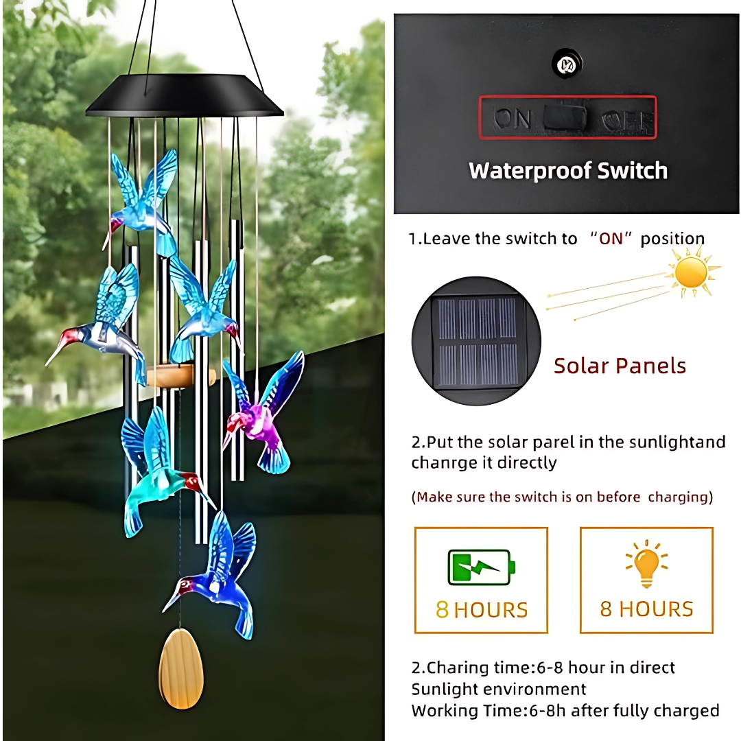 Premium Solar Hummingbird Wind Chime | 7 Color Changing LED Lights | Melodious Tune | Aluminium Rods | Wooden Clapper| Outdoor Garden Decor | Home Decoration | Soothing Sound (Green)