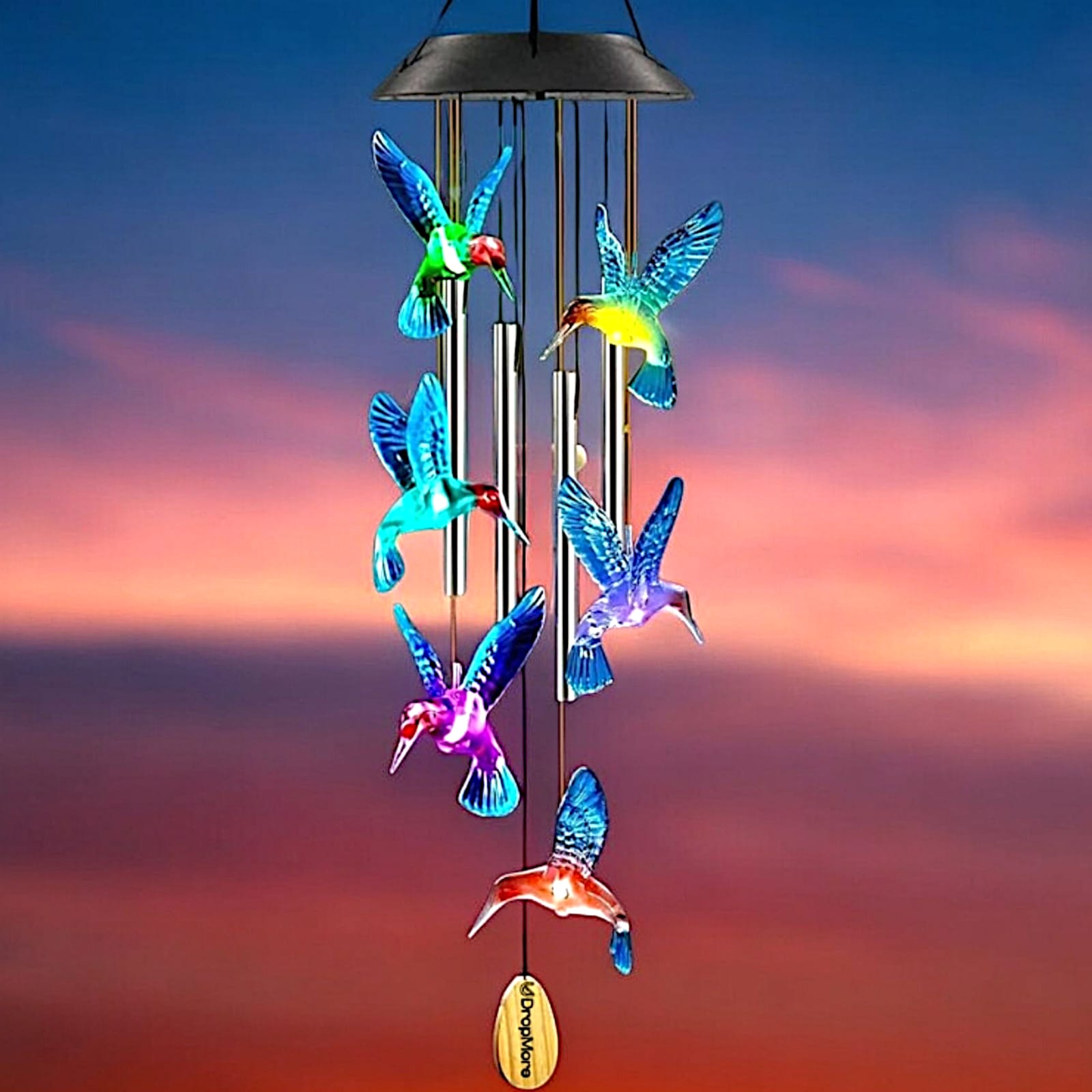 Premium Solar Hummingbird Wind Chime | 7 Color Changing LED Lights | Melodious Tune | Aluminium Rods | Wooden Clapper| Outdoor Garden Decor | Home Decoration | Soothing Sound (Green)