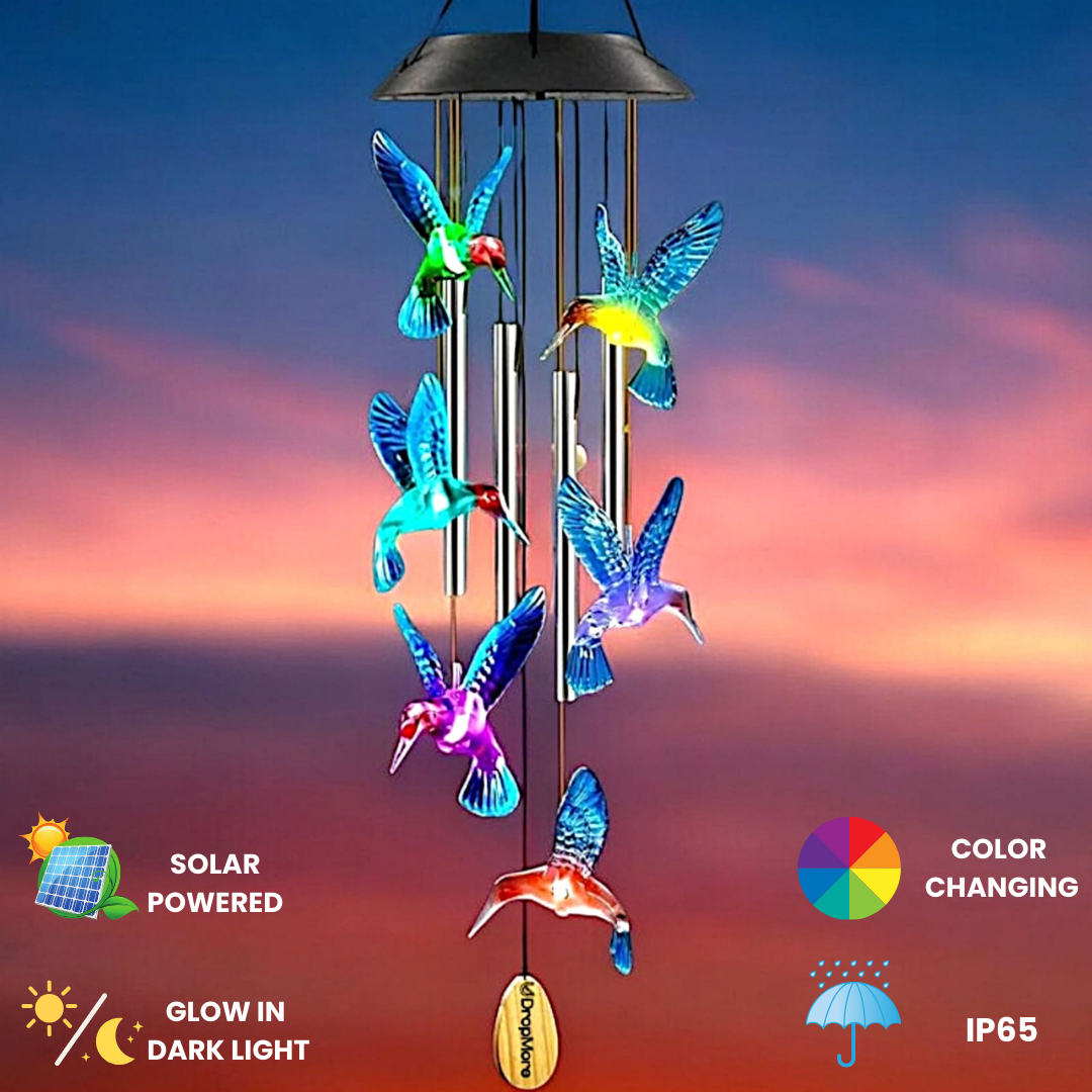 Premium Solar Hummingbird Wind Chime | 7 Color Changing LED Lights | Melodious Tune | Aluminium Rods | Wooden Clapper| Outdoor Garden Decor | Home Decoration | Soothing Sound (Green)