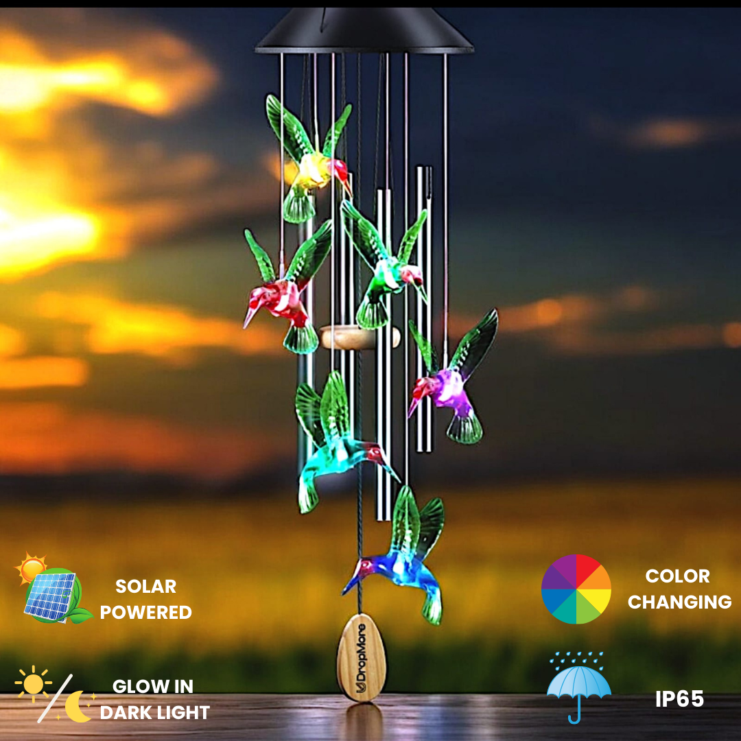 Premium Solar Hummingbird Wind Chime | 7 Color Changing LED Lights | Melodious Tune | Aluminium Rods | Wooden Clapper| Outdoor Garden Decor | Home Decoration | Soothing Sound (Green)