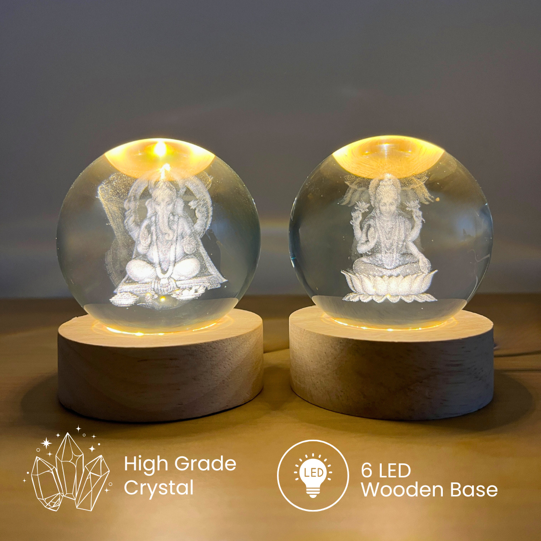 Crystal Ball Lamp (Laxmi Ganesh Set) 3D Laser Engraved LED lamp for Home Office Desk Puja Room Decoration |