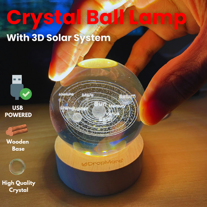 Crystal Ball 3D Solar System with Planets,Galaxy with Engraving in 6cm Diameter crystal & USB Powered Wooden Base, Suitable for Home Decoration,Table Lamp, Study & Office Table,Gift for All