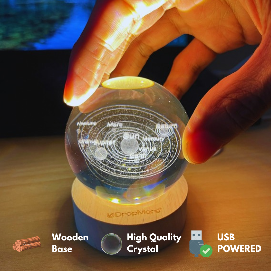 Crystal Ball 3D Solar System with Planets,Galaxy with Engraving in 6cm Diameter crystal & USB Powered Wooden Base,