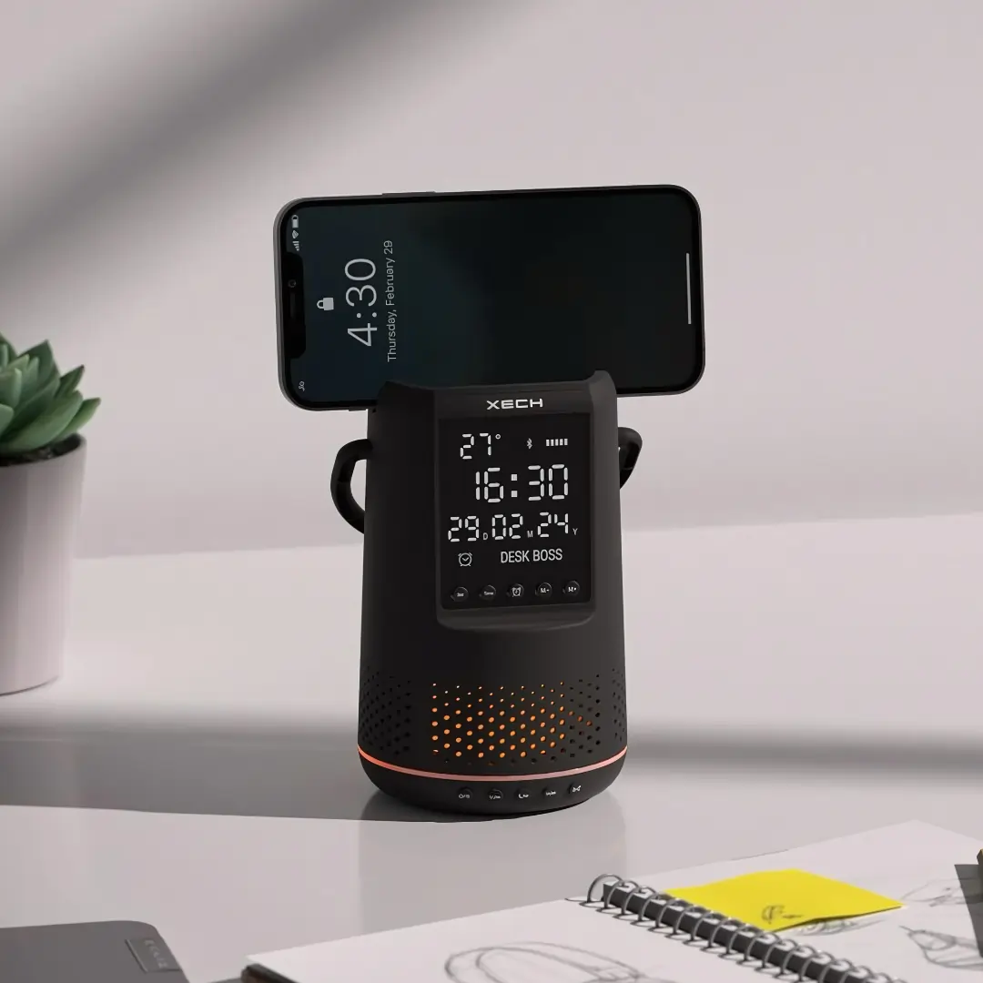 6 in 1 Clock Speaker DeskBoss multifunctional speaker with pen stand & smartphone holder