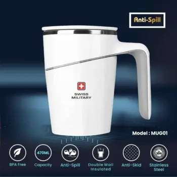 Swiss Military Stainless Mug with Lid for Office, Travel Mug, Tea Mug| Spill Proof Suction Technology, Anti-Skid Base | Keeps Hot & Cold for 2 Hrs 470 ml, White | MUG01