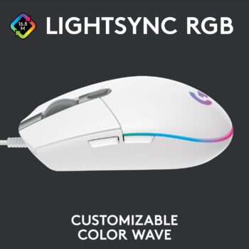 Logitech G203 Wired Gaming Mouse, 8,000 DPI, Rainbow Optical Effect LIGHTSYNC RGB, 6 Programmable Buttons, On-Board Memory, Screen Mapping, PC/Mac Computer and Laptop Compatible – White