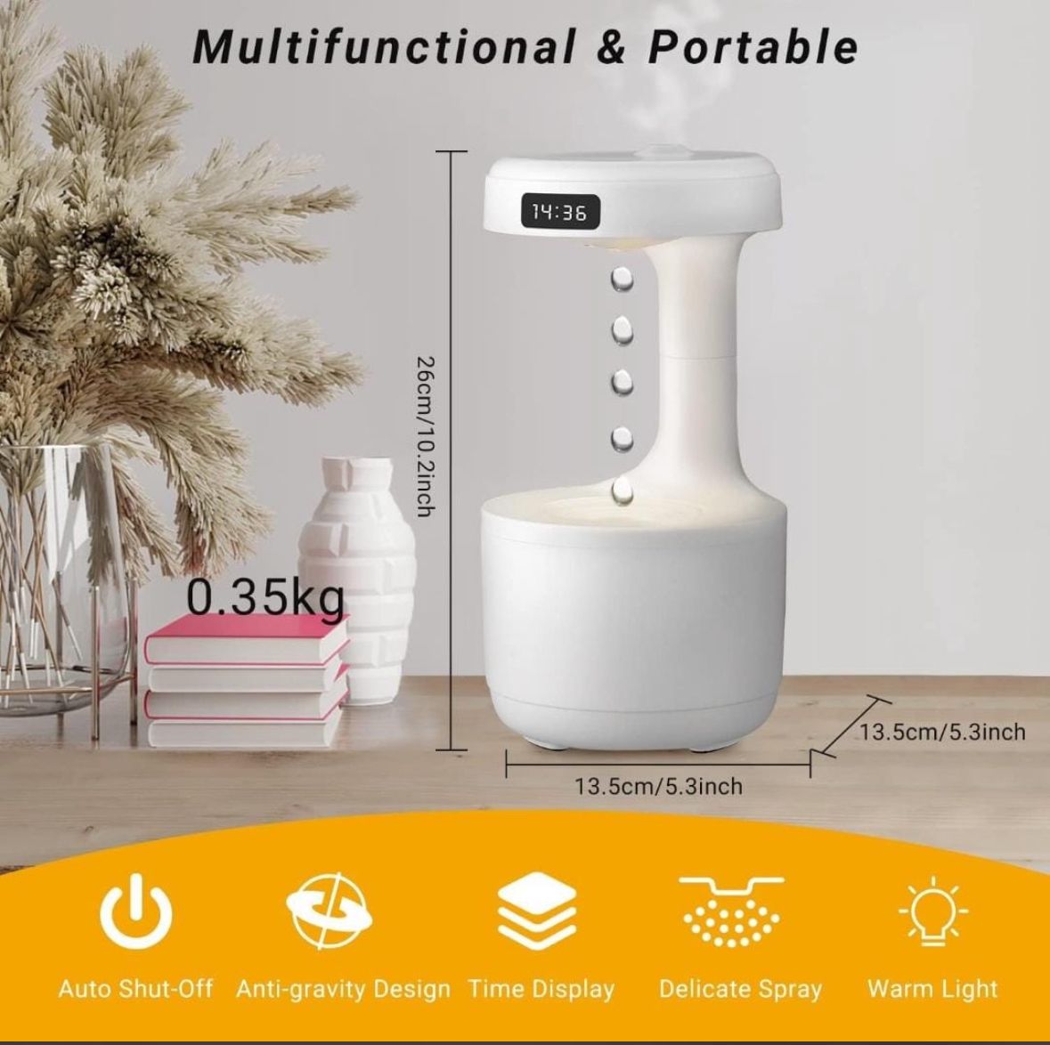 Humidity Diffuser Anti-Gravity Water Drop Design With Sound For Room With 24Hrs Led Display For Moisture Humidity Top-Rated Cool Mist Humidifiers, 800 ML