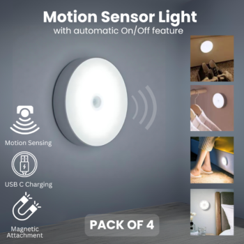 Motion Sensor Light for Home (Pack of 4) with USB Charging Wireless Self Adhesive LED Body Induction Lamp Sensor Light for Wardrobe Lights with Sensor Night Light for Cupboard Stairs (White)